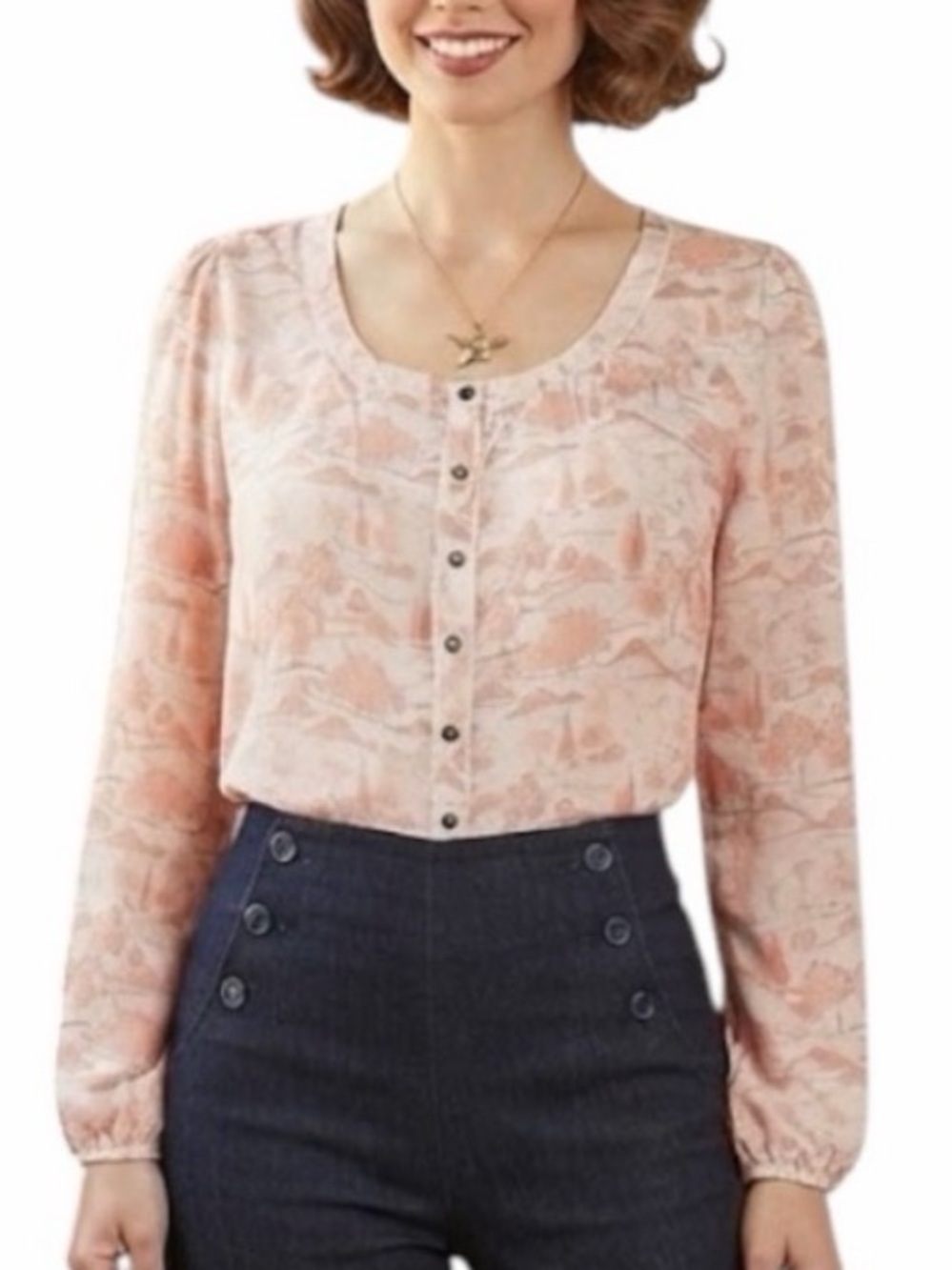 MODCLOTH Board Game Plan Long Sleeve Blouse Pink Size XXS